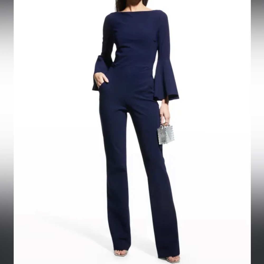 Gianni Bini Navy Jumpsuit With Bell Sleeves & Lace Detail